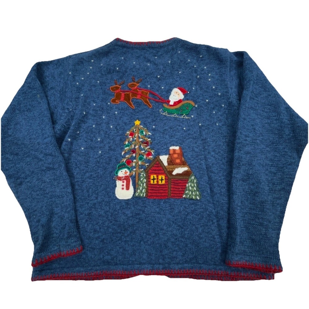 Marisa Christina Sweater Women Large Blue Christmas Cardigan Jacket Knit Santa